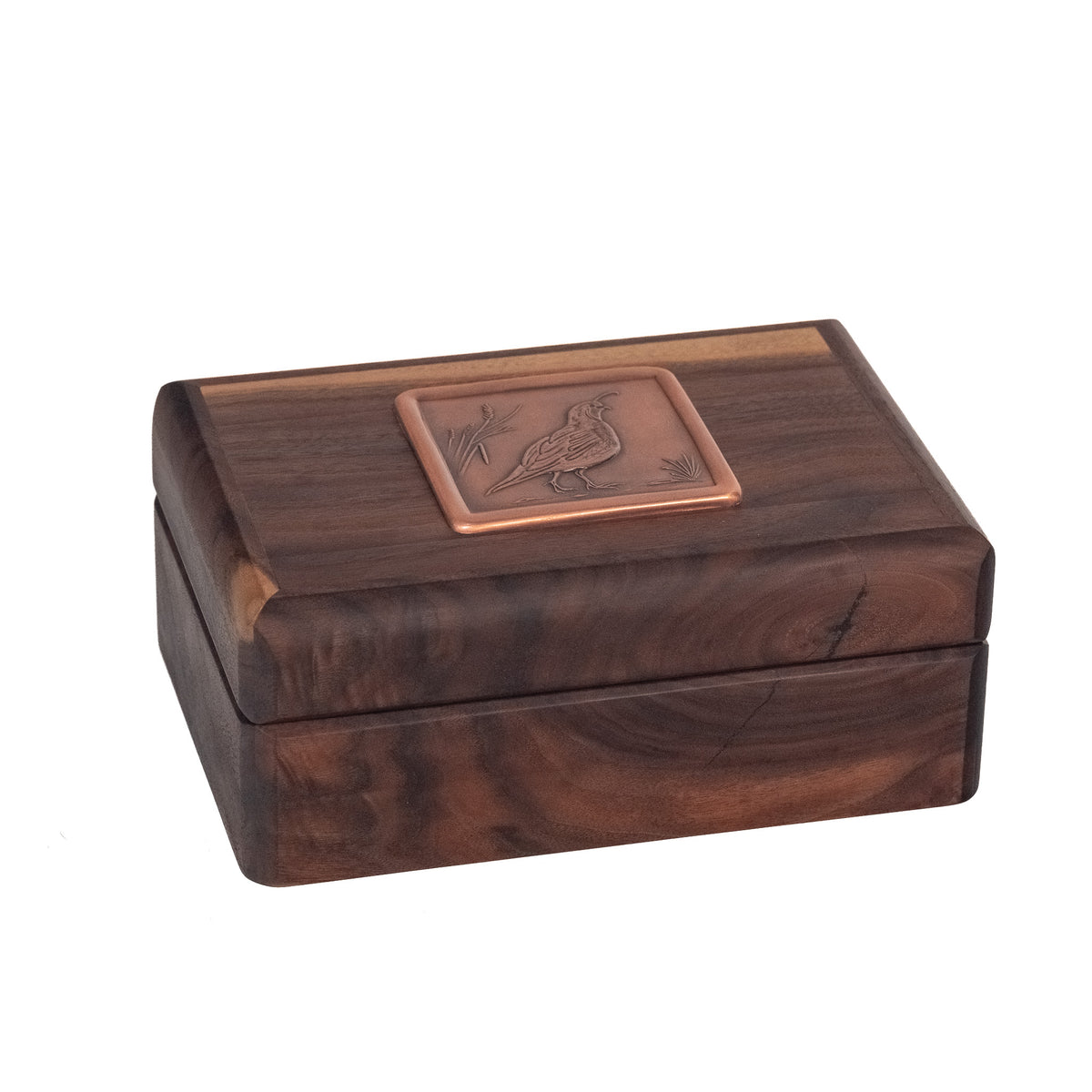 A cigar humidor with a copper-toned metal plaque on top featuring a quail, shown on a plain white background.