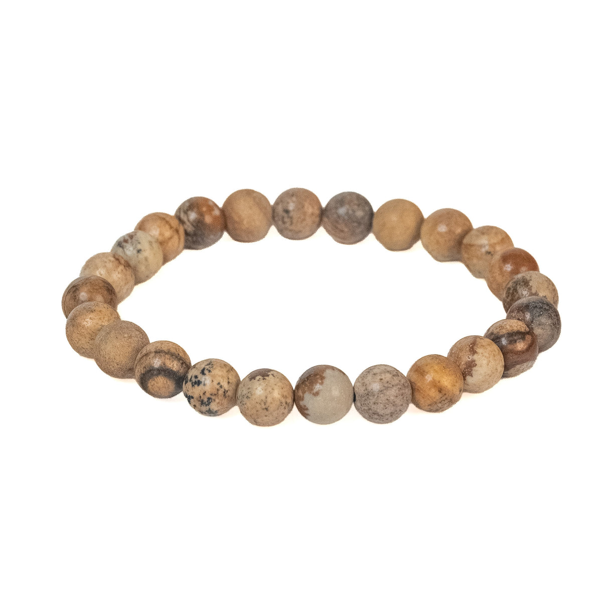 A beaded stretch bracelet made of round, polished stone beads in earthy brown, beige, and gray tones, displayed on a clean white background.
