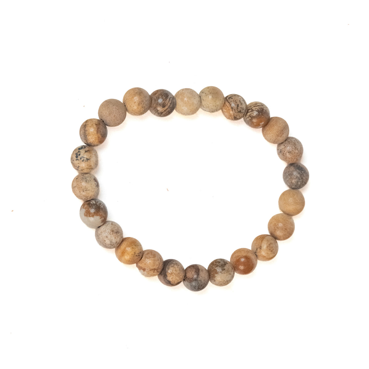 A beaded stretch bracelet made of round, polished brown and beige stone beads with natural speckles, displayed on a clean white background.