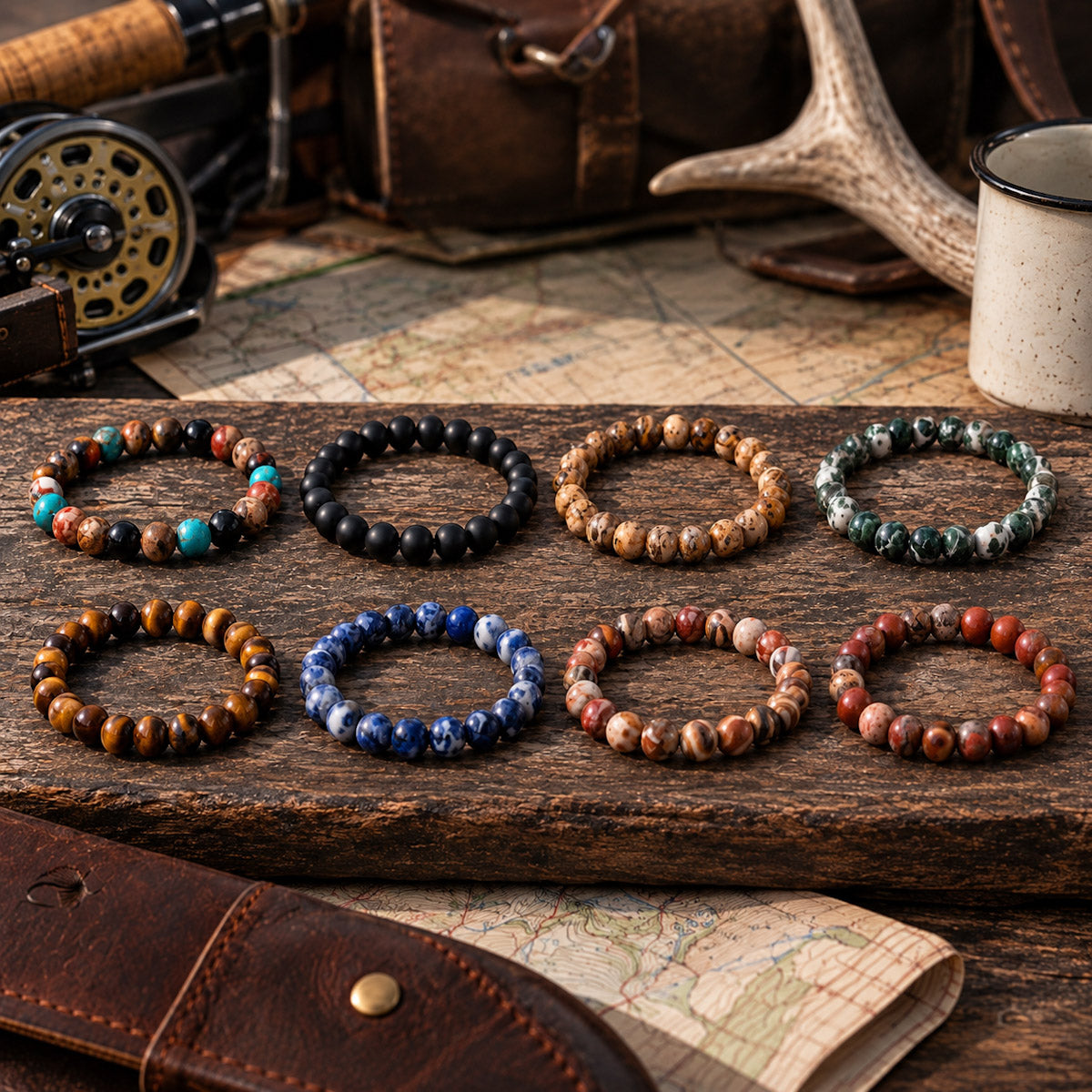 Eight beaded stretch bracelets in various earthy stone colors are arranged on a rustic wooden block, surrounded by vintage-style props including a leather case, map, antler, and fishing reel.
