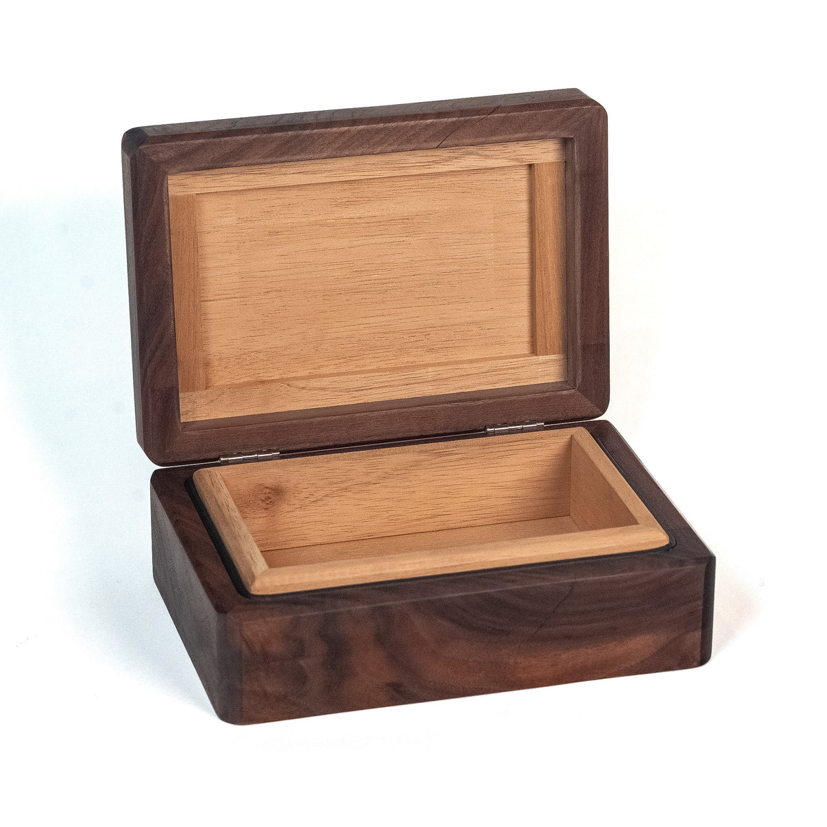 A rectangular cigar humidor with an open lid, featuring a dark brown walnut-look exterior and a lighter natural wood interior, shown on a white background.